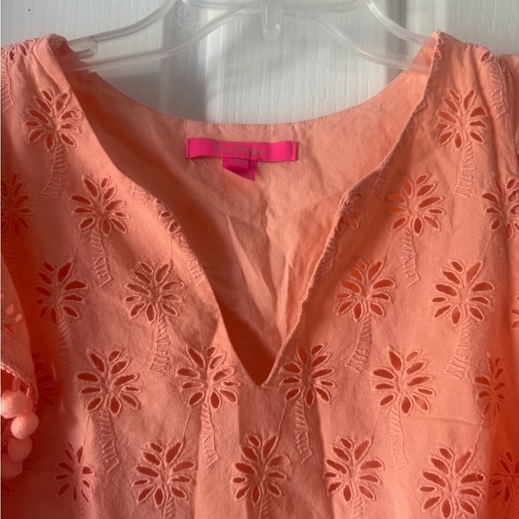LILLY PULITZER Orange Eyelet “Astara” Ruffle Pom Pom Sleeve Blouse - Picture 4 of 10